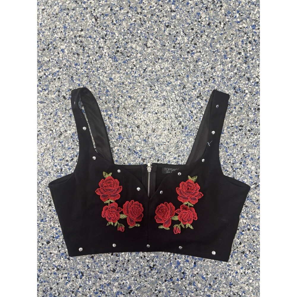 Topshop Black Studded Bralette Red Floral Embroidery Size US 8